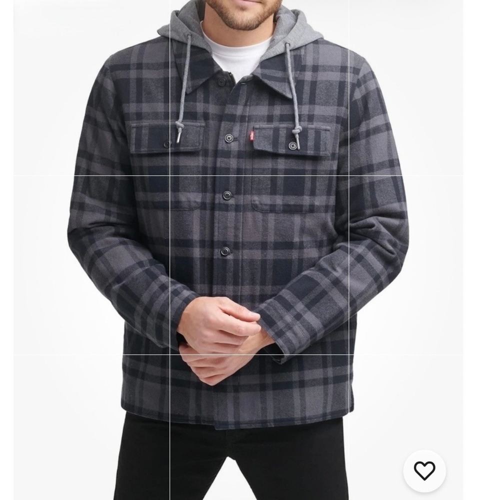 Levi's Hooded Shirt Jacket Sherpa Lined Plaid Flannel Grey Black Large Utility